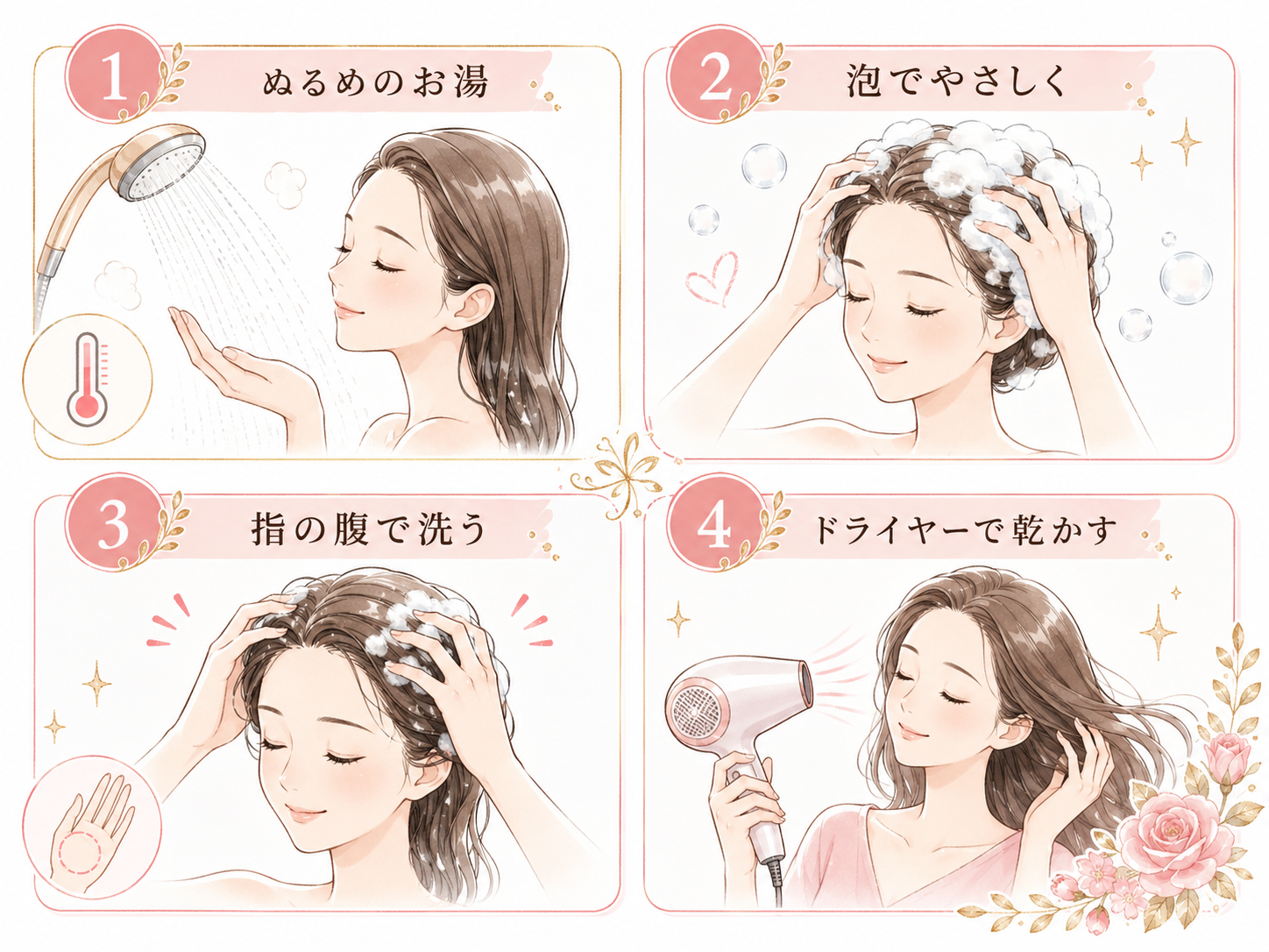 ぬるめのお湯、泡でやさしく、指の腹で洗う、ドライヤーで乾かす4ステップの図解