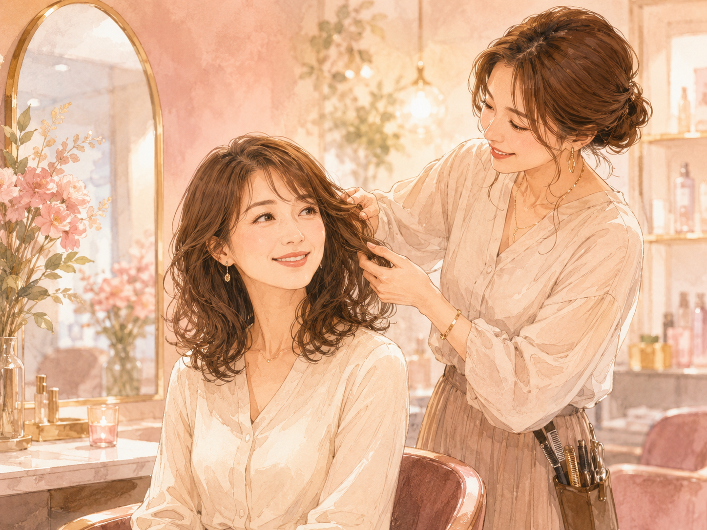 美容室で美容師に髪を見てもらいながらパーマの相談をしている女性