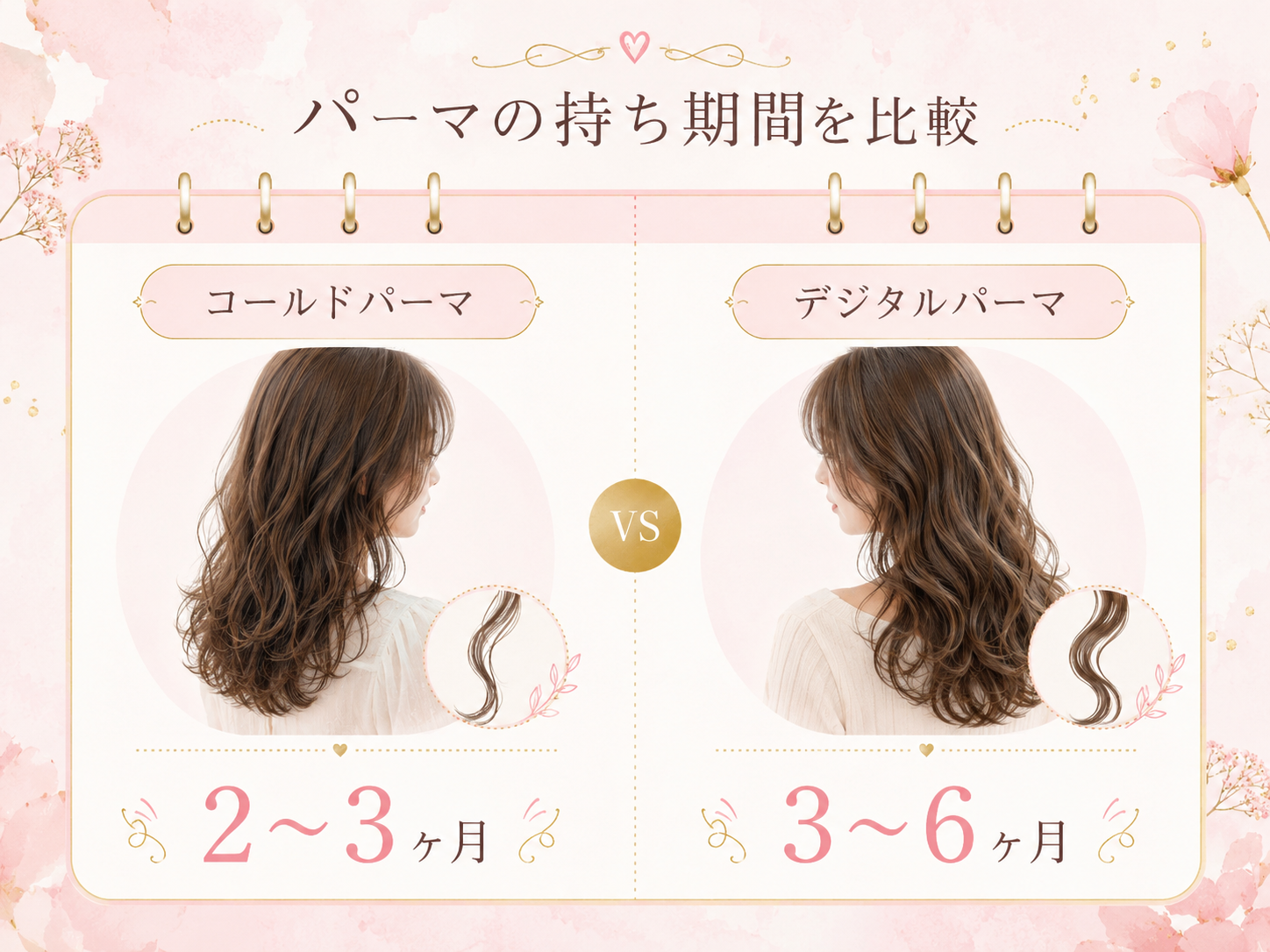 コールドパーマは2〜3ヶ月、デジタルパーマは3〜6ヶ月もつことを示す図解