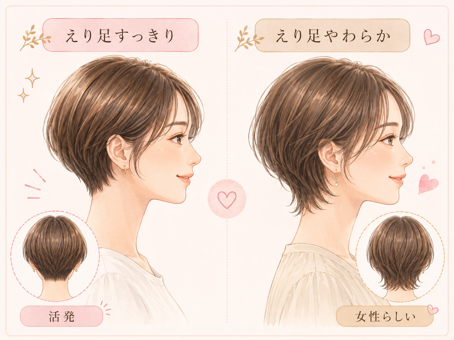 同じショートヘアでえり足すっきりとえり足やわらかを比べた図解