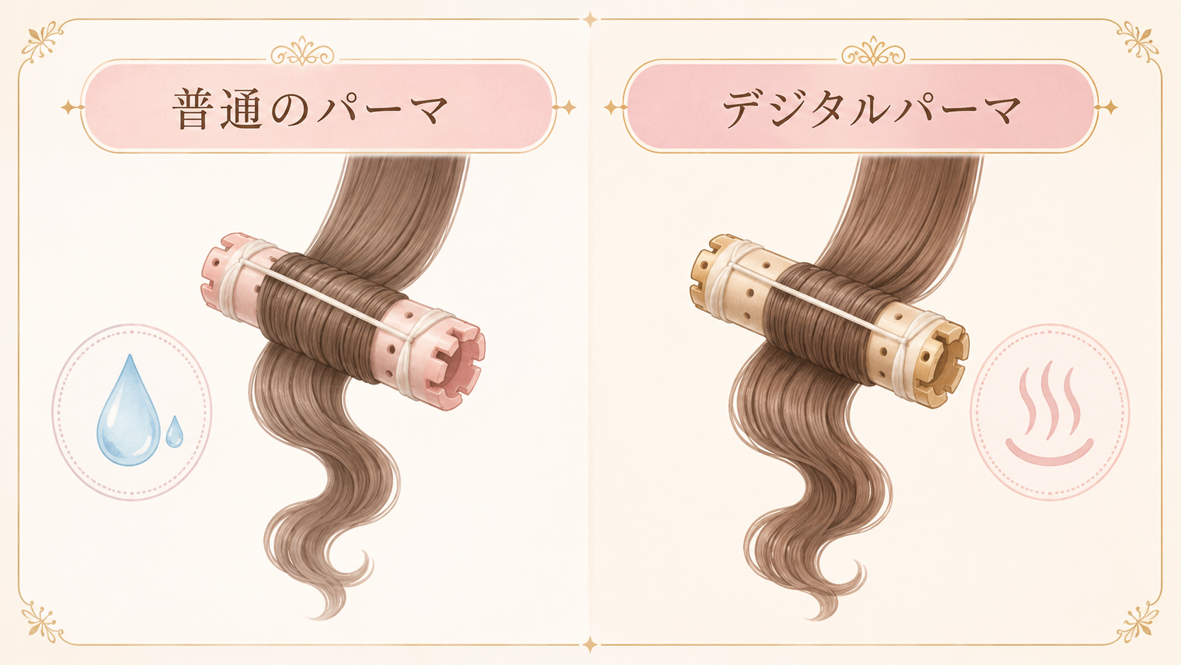 普通のパーマとデジタルパーマを比較した図解
