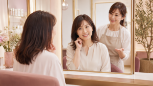 美容室の鏡越しに美容師とやわらかく相談する30〜40代女性
