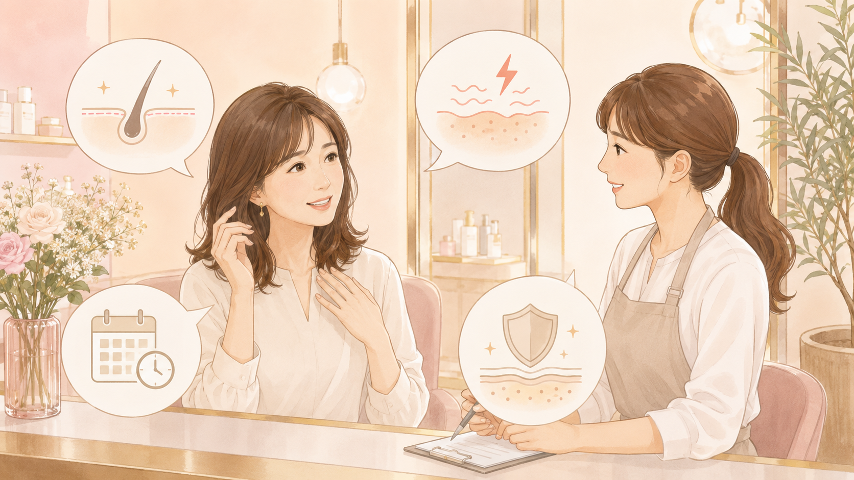 美容室で頭皮がしみやすいことや体調を美容師に相談している女性の図解