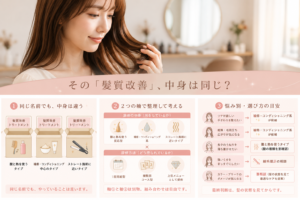 髪質改善トリートメントの違いを示す女性と図解