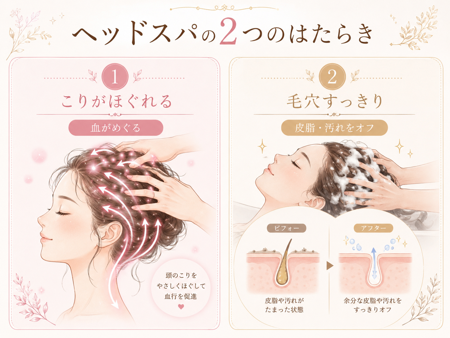 頭のこりをほぐして血がめぐることと毛穴の皮脂汚れを落とすことを示す図解