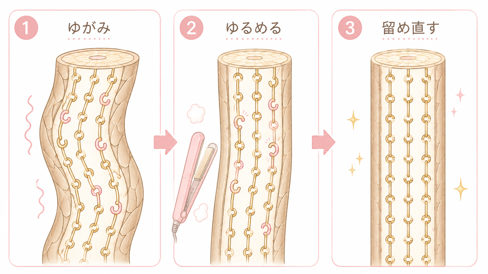 縮毛矯正でクセが伸びる仕組みの図解