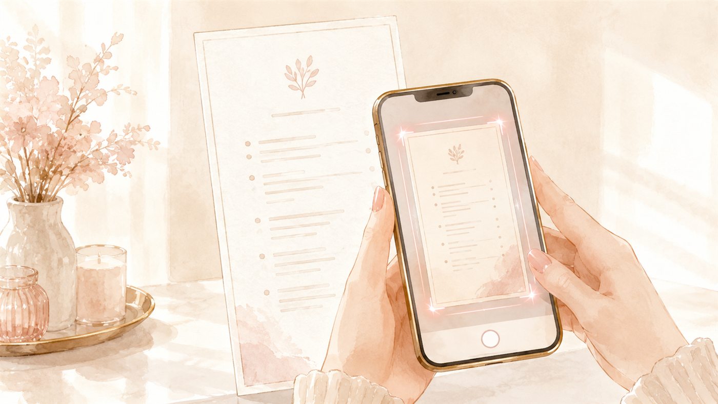 スマートフォンでメニュー表を撮影する場面