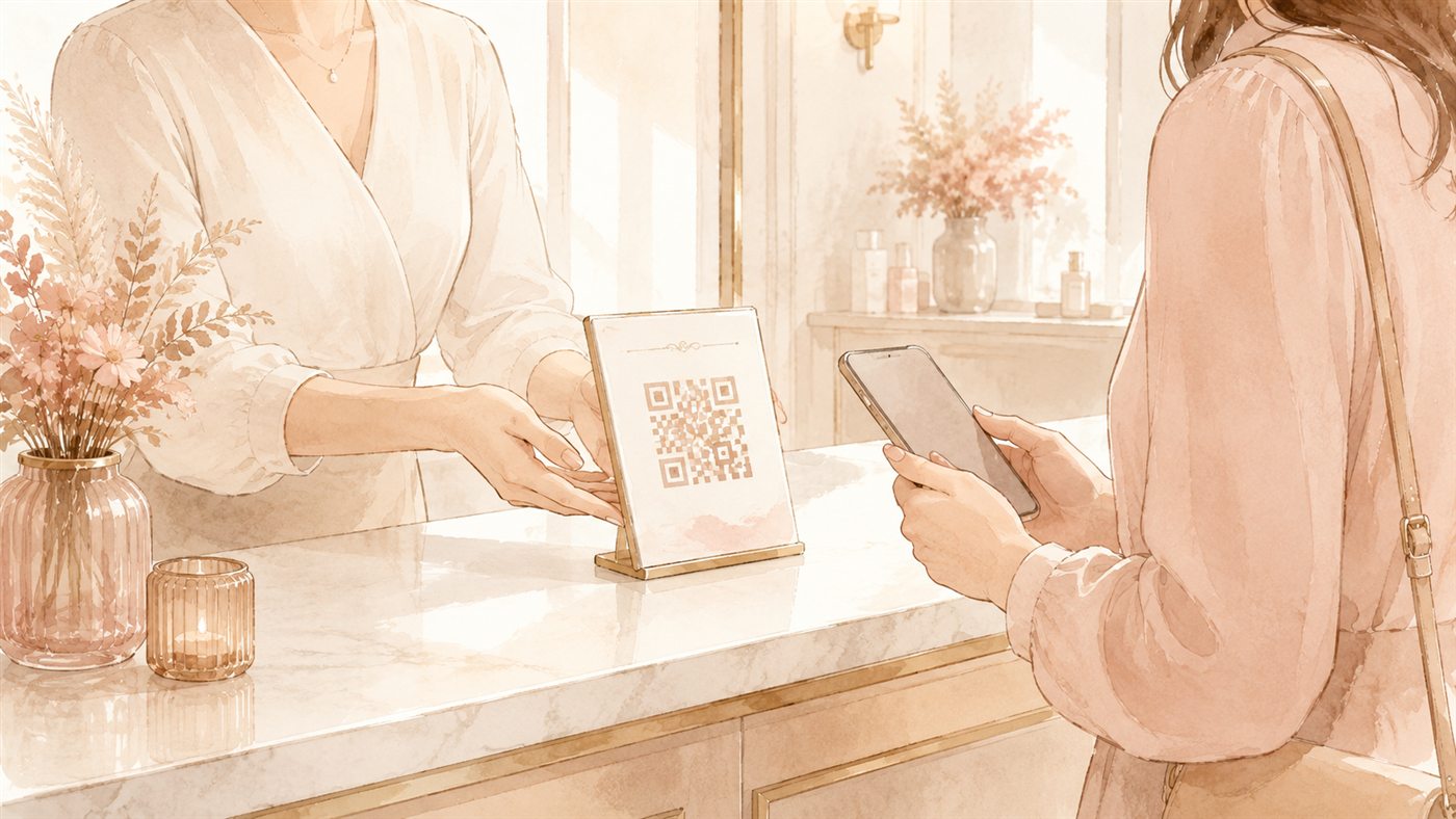 来店したお客様が店頭で口コミ用QRコードを読み取る場面