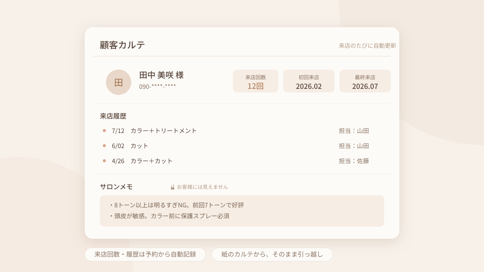 来店履歴とサロンメモを確認できる顧客カルテ